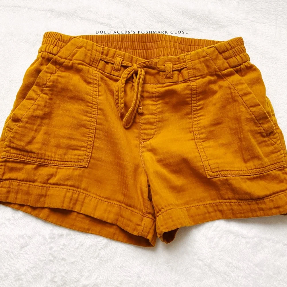 Mustard Orange Crinkled Styled Pull On Shorts - Picture 1 of 11